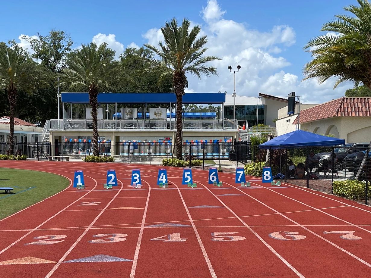 Starting blocks on a red running track under a blue sky with palm trees.