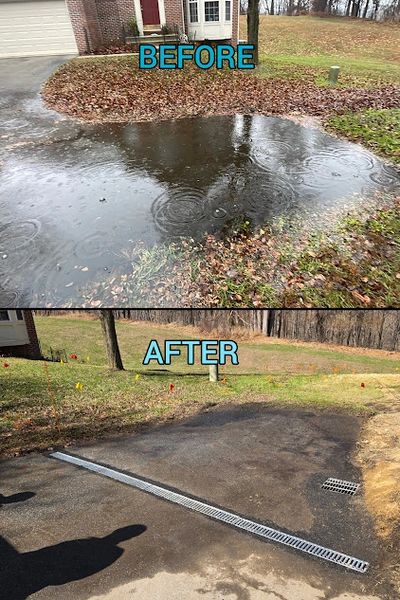 Before and after images showing driveway drainage improvement.