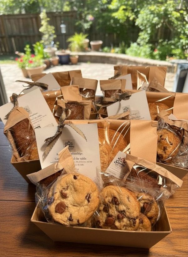Gift boxes filled with cookies and baked goods tied with ribbons and cards.