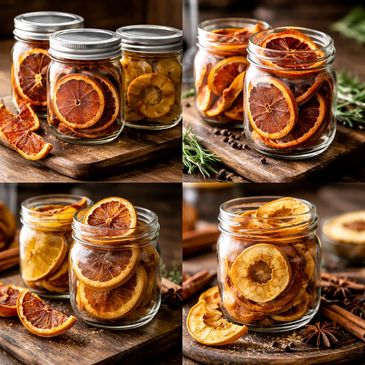 Jars filled with dried orange and apple slices on a wooden board.