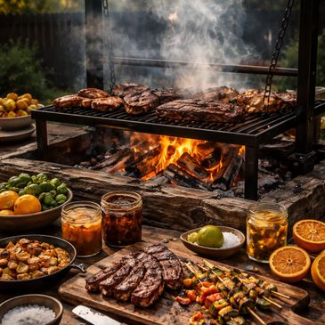 Grilled meats and vegetables cooking over an open flame with sides and sauces.