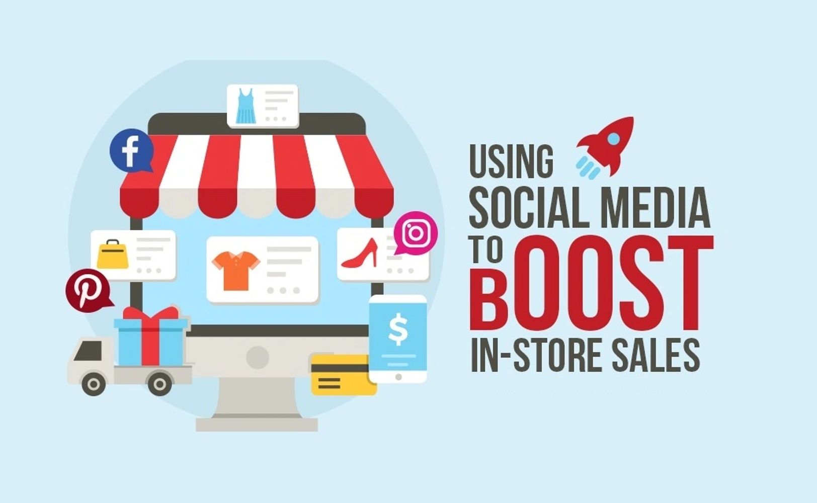 Illustration showing social media icons boosting in-store sales through online shopping.