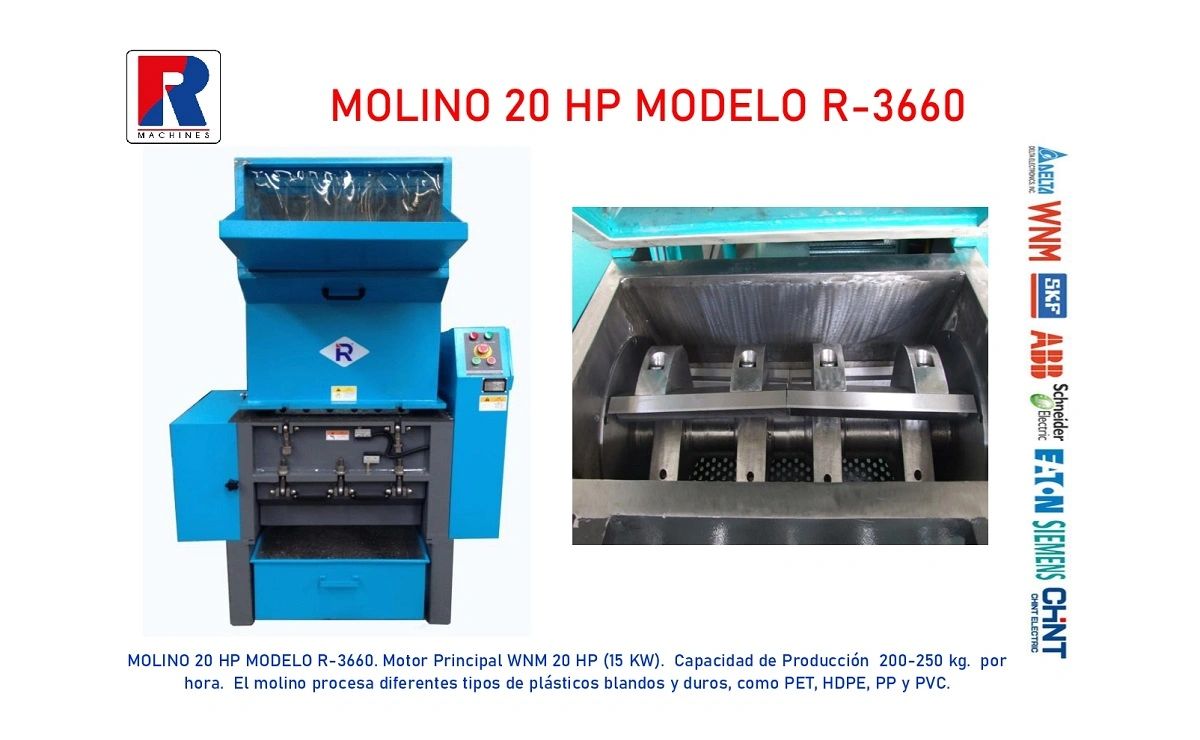 Molino industrial azul modelo R-3660 para plásticos.
