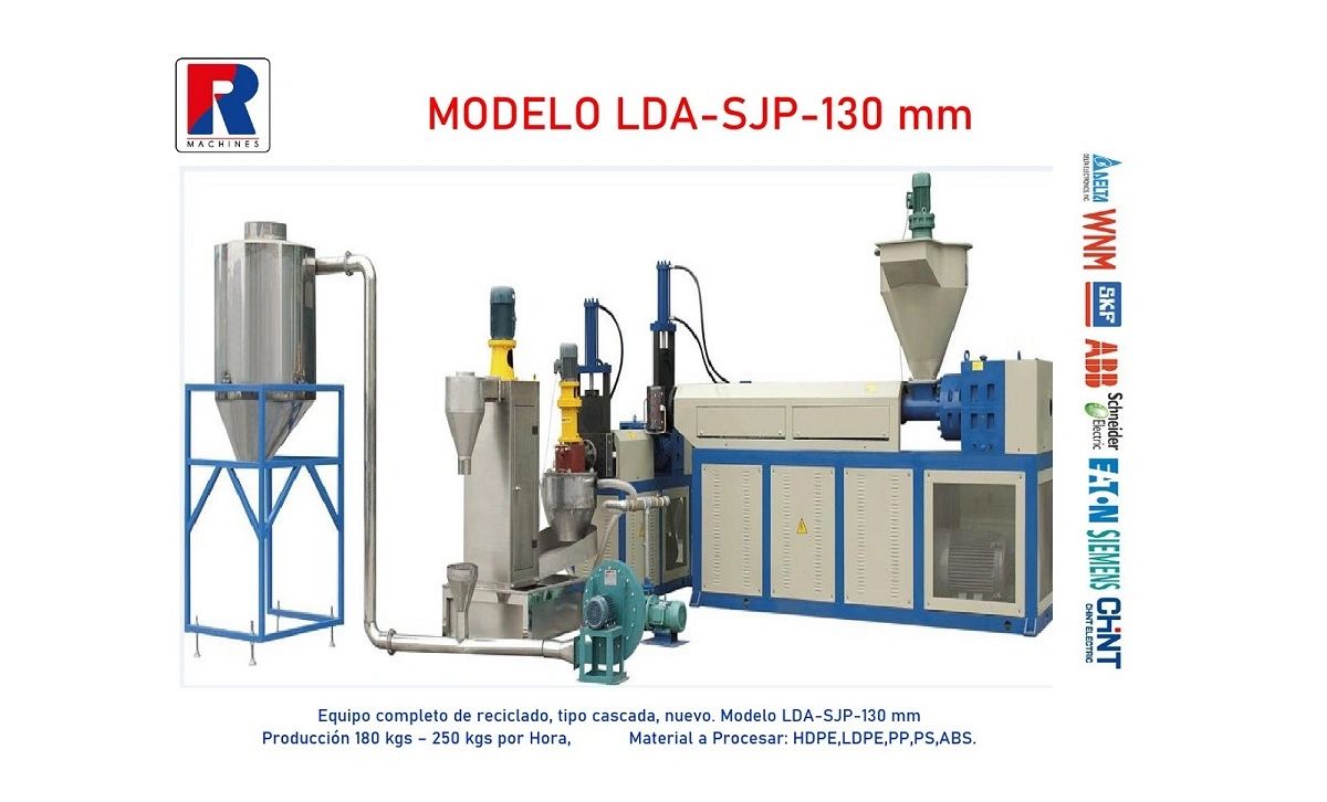 Máquina recicladora modelo LDA-SJP-130 mm para materiales plásticos.