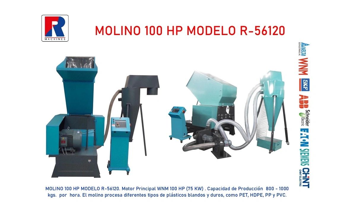 Molino industrial de 100 HP para procesar plásticos.