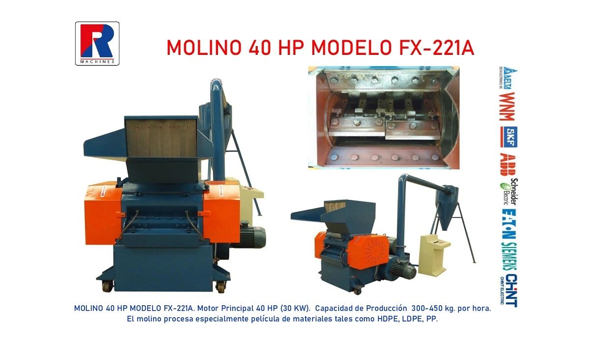 Molino industrial modelo FX-221A con motor de 40 HP y producción de 300-450 kg/h.