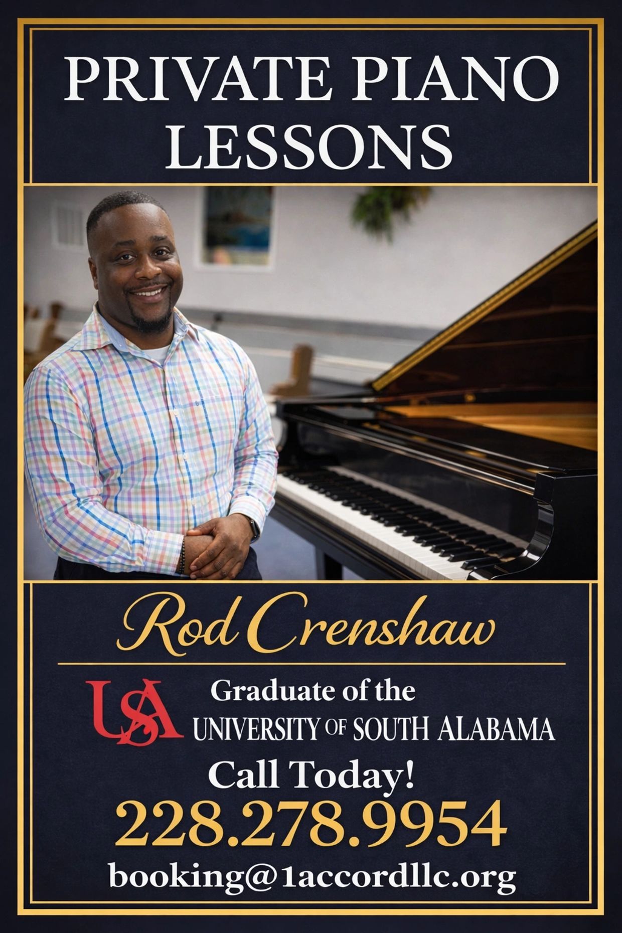 Private piano lessons offered by Rod Crenshaw, a University of South Alabama graduate.