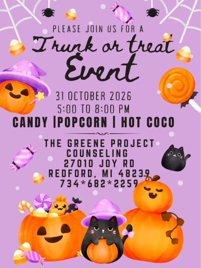 Halloween trunk or treat event poster with pumpkins and candy.