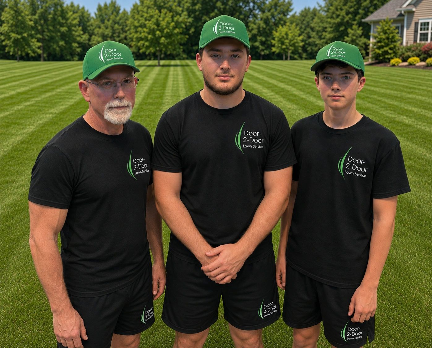 Three men in matching lawn service uniforms standing on a neatly mowed lawn.