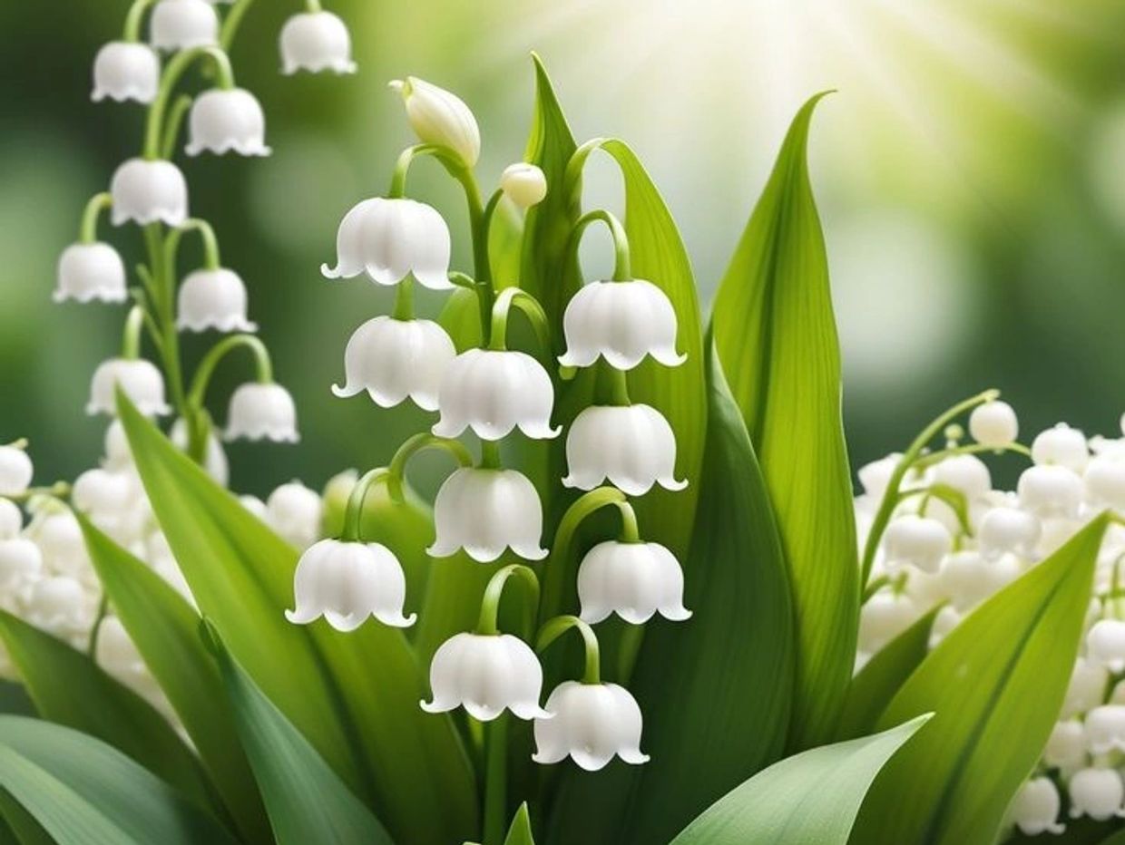 Close-up of white lily of the valley flowers with green leaves.