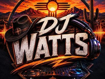 DJ Watts logo with desert sunset and cowboy hat.
