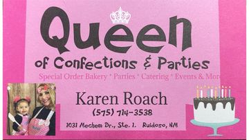 Business card for Queen of Confections &amp; Parties bakery and catering.