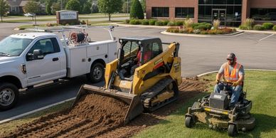 Equipment and contractors at a commercial property site.
