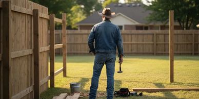 Cowboy contractor building wooden fence in a landscaped backyard yard.
