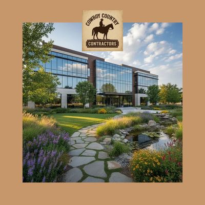 Modern office building with landscaped garden and pond, featuring a Cowboy Country Contractors logo.