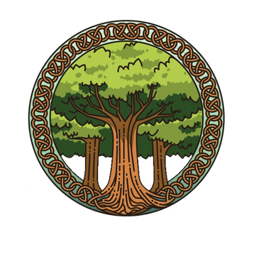 Whispering Grove Faire logo; three trees in a circle of Celtic knotting.