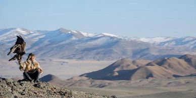 A person with a falcon on their arm in a vast mountainous landscape.