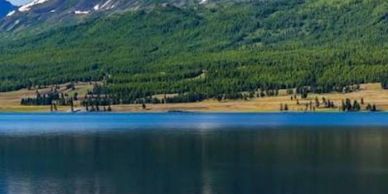 A serene lake reflecting snow-capped mountains and lush green forest.