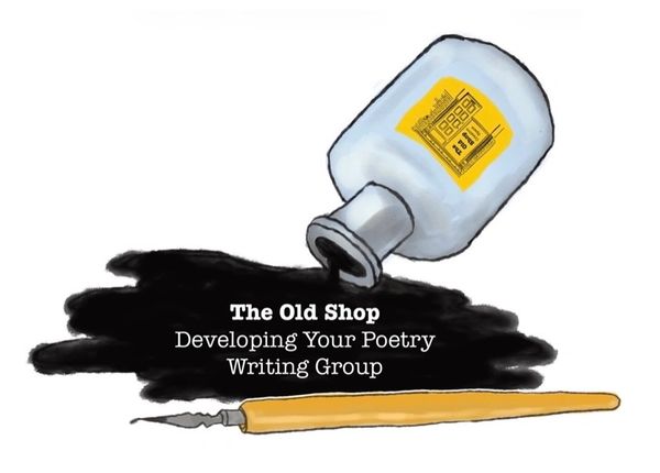 Illustration of ink bottle and pen for poetry group.