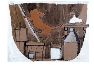 A drawing of a brown dog climbing a latter and a white goose sitting on a shelf