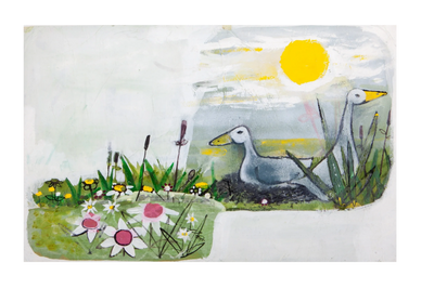 A drawing of white flowers with pink centres, two white geese and a yellow sun