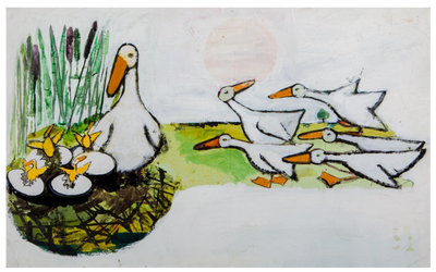 A drawing of a mother goose with four chicks hatching and five other young white geese looking on