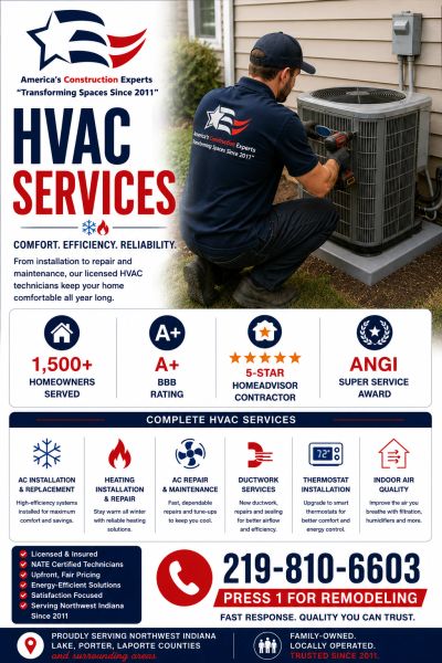 HVAC services ad showing technician working on outdoor unit with service details and contact.