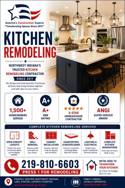 Advertisement for a trusted kitchen remodeling contractor in Northwest Indiana.
