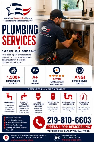 Professional plumber fixing sink under the counter with company branding.