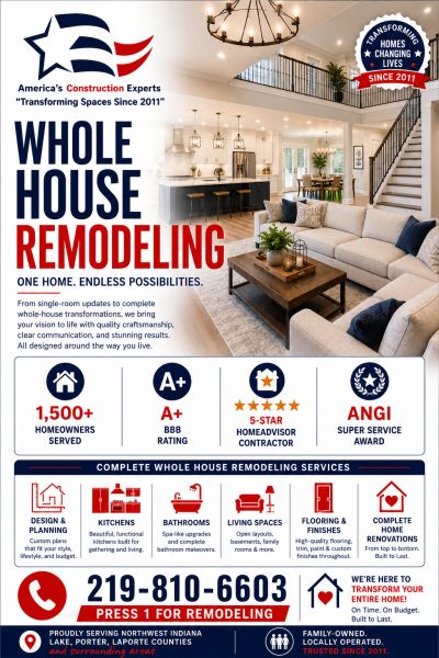Whole house remodeling services with expert craftsmanship and top ratings.