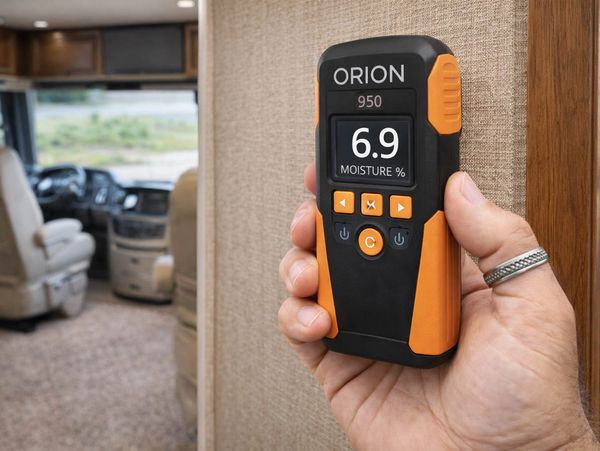 RV inspector using moisture meter to check interior wall moisture inside a luxury motorhome.