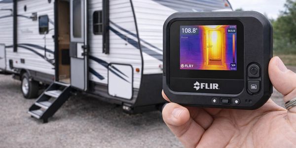 FLIR thermal imaging camera in hand inspecting an RV during professional RV inspection.