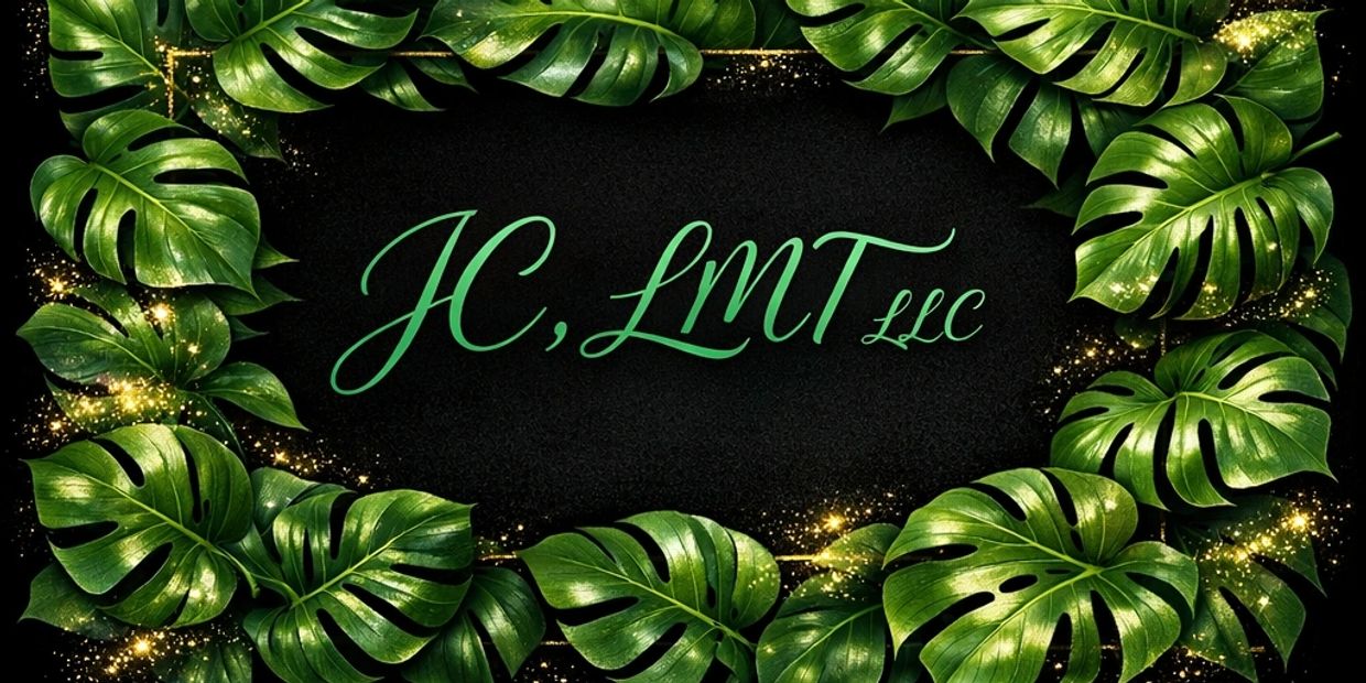 Green tropical leaves frame the text 'JC, LMT LLC' on a black background with golden sparkles.
