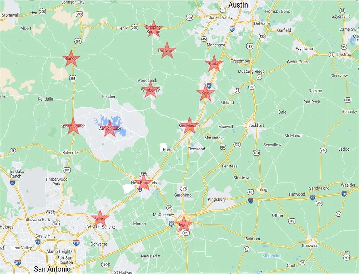 Map showing locations marked with stars around Austin, Texas.