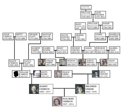 A detailed family tree with names, dates, and photos.