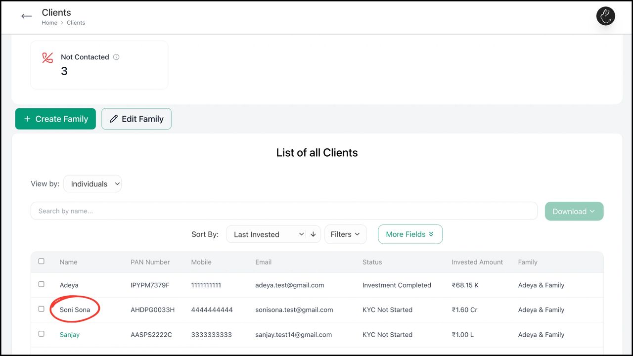 Click on Clients tab in your dashboard. Under ‘List of all Clients’, search/ click on the client for whom you want to start the KYC for