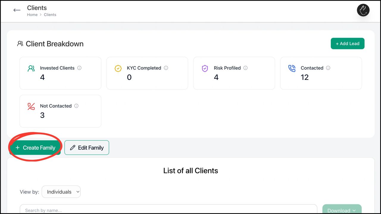 Go to the Clients tab on your dashboard. To create a new family, click on the ‘Create Family’