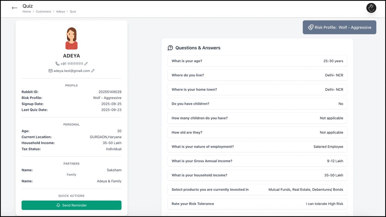 You can now see the answers to the risk profiling questions for your client. The top right corner also gives the “Animal” Personality of the client
