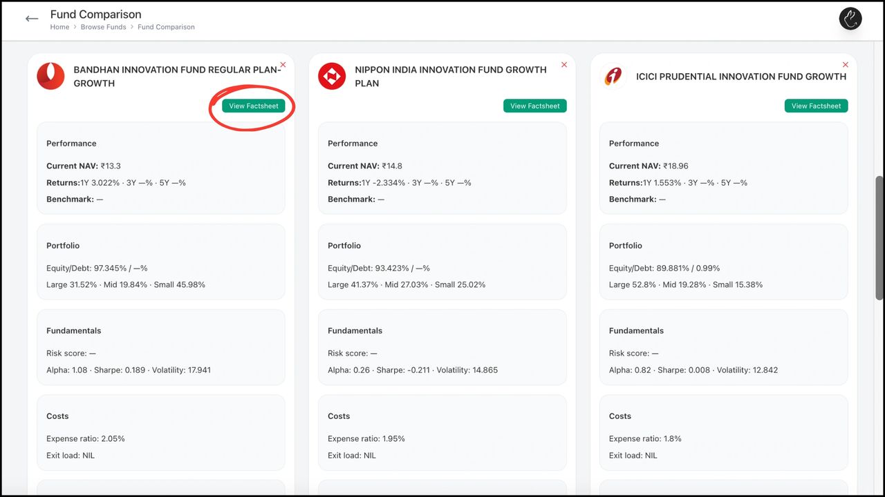This page shows fund comparison in the form of NAV returns. If you scroll down, you also see fund information on various metrics, including sector allocation, stocking holdings, and much more. You can download this data or send it as recommendations to your clients