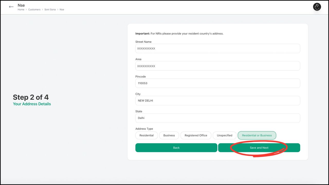 Fill in relevant 'Address Details' and click on Save & Next