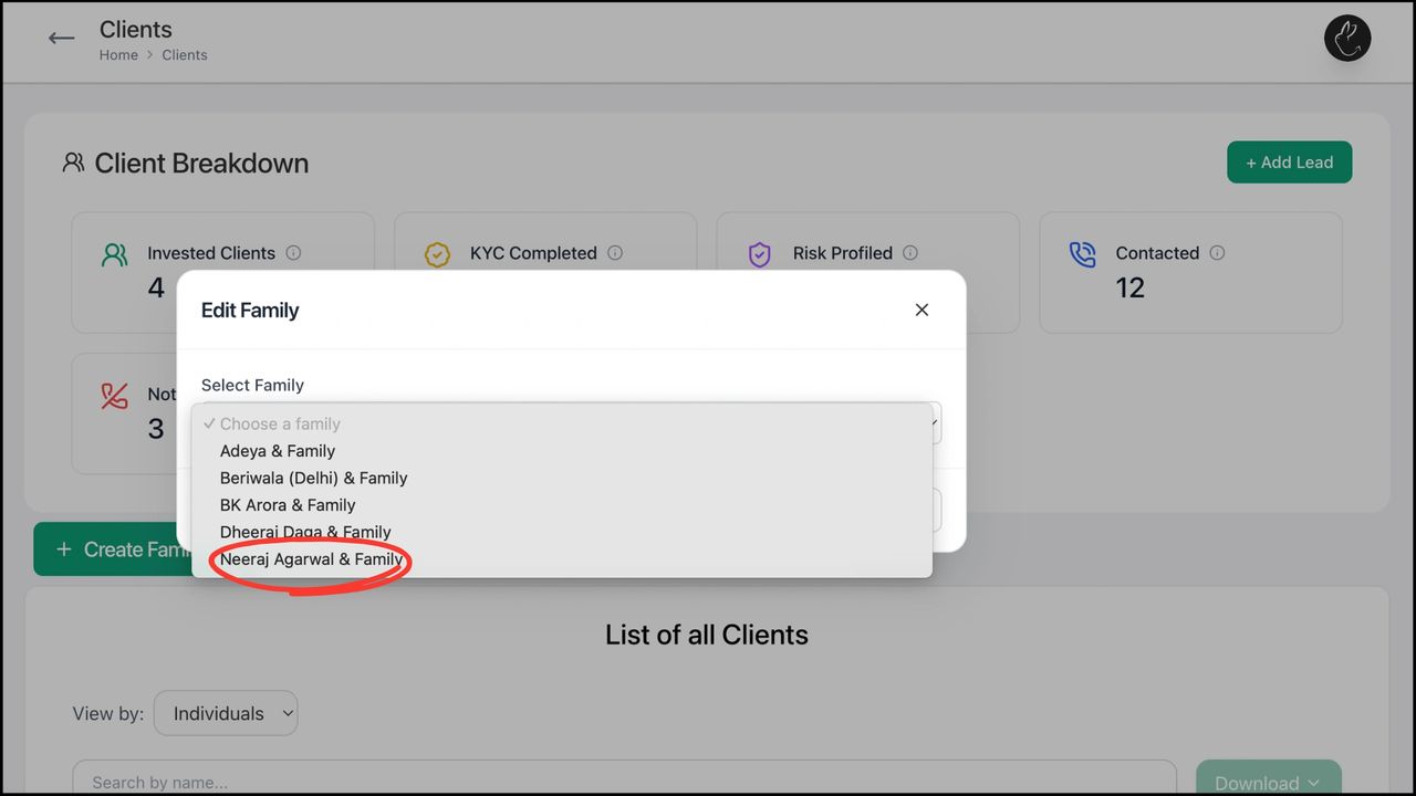 Popup to edit family opens. Select the family that you want to edit from the drop-down menu