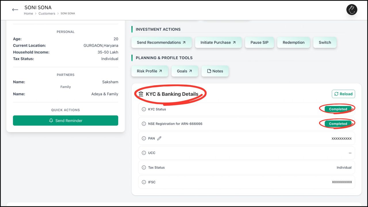  If you click on 'Back to Profile', you can see that the KYC status and NSE Registration changes to Complete indicating that the customer has been KYCed