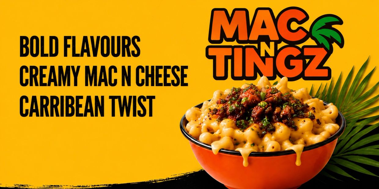 Caribbean-inspired creamy mac and cheese with bold flavors.
