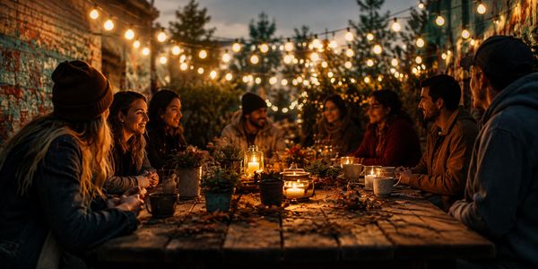 Friends enjoying a cozy evening under string lights around a wooden table.
