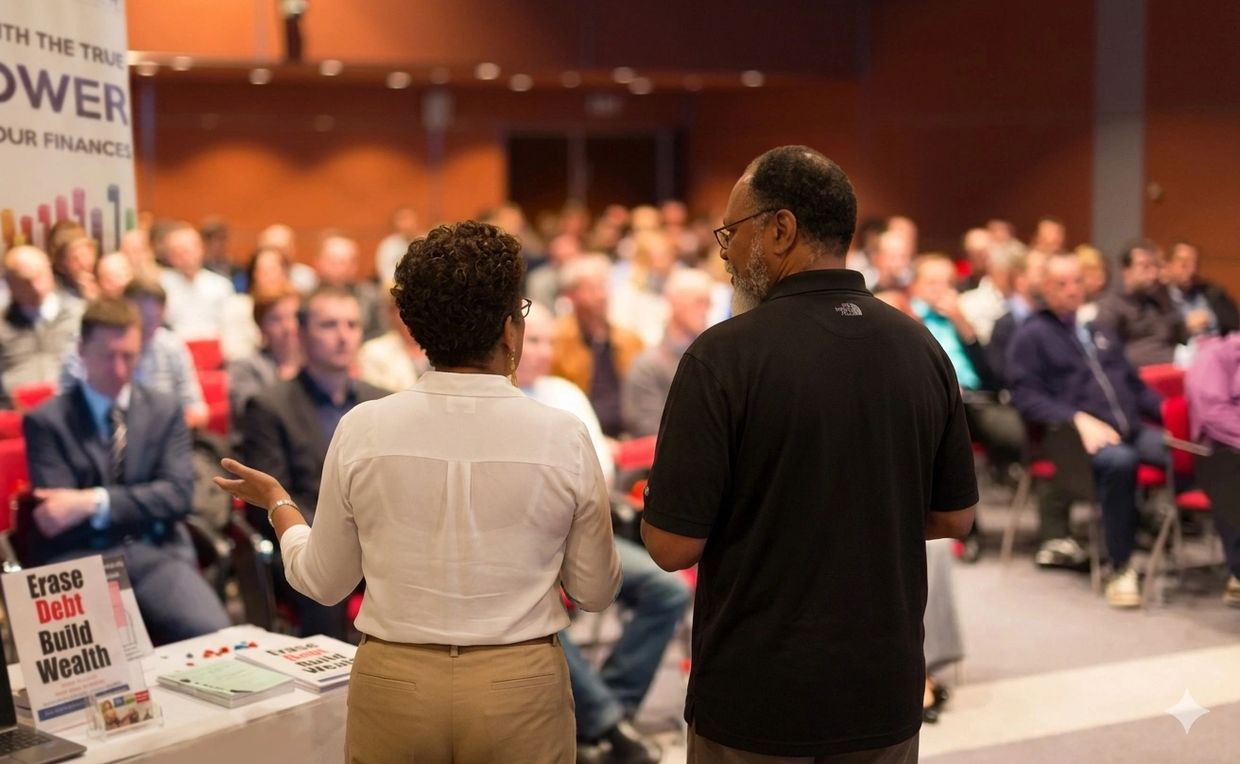 Two speakers address an attentive audience about financial empowerment and debt management.
