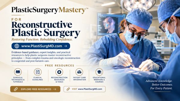 Promotional banner for Plastic Surgery Mastery with surgeons working in the background.
