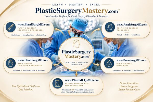 Plastic Surgery Mastery platform with five specialized educational resources.