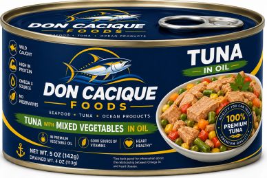 Can of Don Cacique tuna with mixed vegetables in oil.