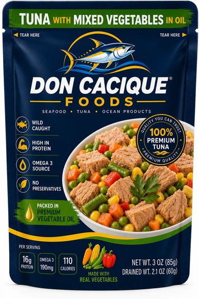 Don Cacique tuna with mixed vegetables in oil.
