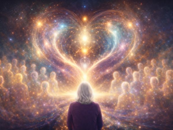 Person surrounded by glowing spiritual figures and a heart-shaped cosmic light.